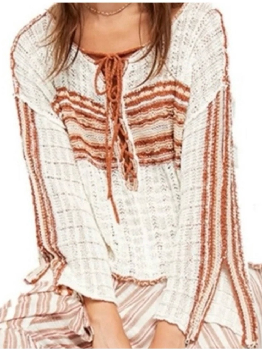 Free People Cream Sweater with Rust Stripe Lace-Up Neck